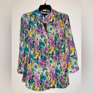 Investments Floral Split-Neck Tunic - Teal, Purple & Yellow